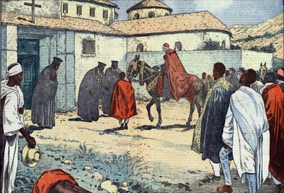Monseñor Lepicier de la Orden de los Servitas de María, Arzobispo de Tarso, fue recibido en el monasterio copto de Debre-Bizen con motivo de una visita apostólica a Abisinia (Etiopía). Ilustración de Damblans. En “Le Pèlerin” del 21 de agosto de Eugene Damblans