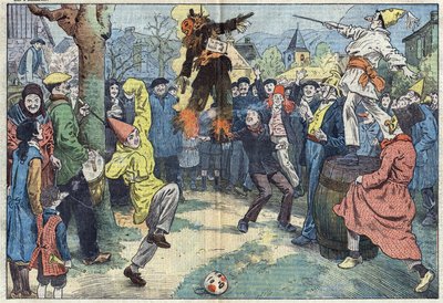 Costumbres antiguas: la cremación del "Carnaval", en la noche del Mardi Gras, representa los placeres y bienes más queridos abandonados al umbral de la Cuaresma. Ilustración de Damblans. En "Le Pelerin" del 16 de marzo. de Eugene Damblans