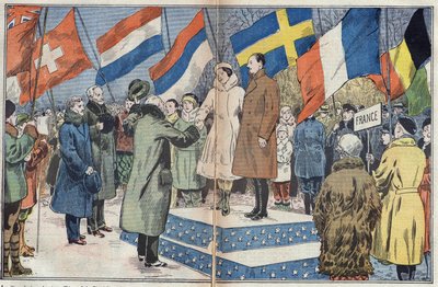 Juegos Olímpicos de Invierno (1932) - ceremonia de clausura: los patinadores franceses M. y Sra. Brunet Joly (Brunet-Joly), campeones olímpicos, son felicitados por el jurado. Lake Placid, EE.UU. Ilustración de Damblans. En "Le Pelerin" del 18 de marzo de Eugene Damblans