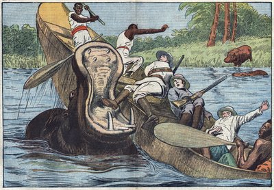 En el Lago Victoria, África, un bote ocupado por misioneros anglicanos e indígenas es volcado por un hipopótamo herido. Ilustración de Damblans. En "Le Pelerin" del 16 de mayo de Eugene Damblans