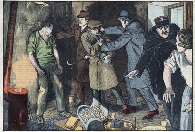 La policía sorprende en París a esquiadores que hundieron en su crisol varios millones de monedas de oro y plata. Ilustración de Damblans. En "Le Pelerin" del 28 de febrero de Eugene Damblans