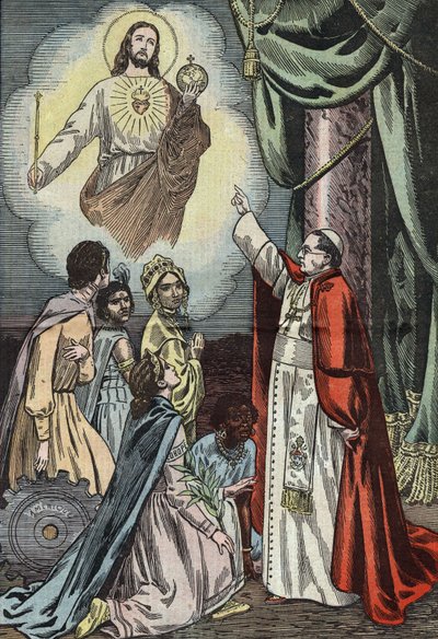 El Papa Pío IX instituyendo la celebración del reinado social de Jesucristo, dibujo de Damblans del periódico francés "Le Pelerin" 3 de enero de Eugene Damblans