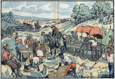 Migración de población en África: 2000 bóeres dejan la colonia portuguesa de Angola en carruajes hacia las regiones más fértiles de Sudáfrica. Ilustración de Damblans en “Le Pelerin” de 30 de septiembre de Eugene Damblans