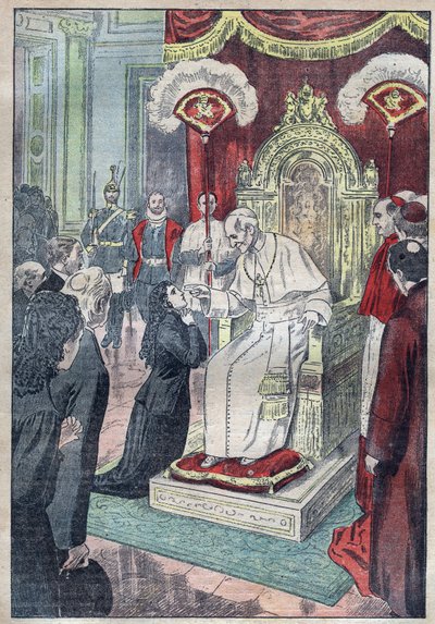 Santa Teresa del Niño Jesús (o Lisieux 1873-1897) aún niña a los pies del Papa León XIII, obtuvo entrar al Carmelo a los quince años en 1888 - ilustración de Damblans de 1923 de Eugene Damblans