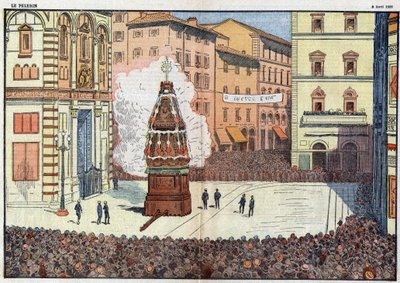 Scoppio del Carro (explosión del carro) evento popular de la ciudad de Florencia - ilustración de Damlans de abril de 1928 de Eugene Damblans