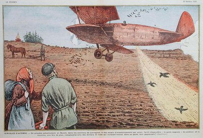 Sembrando semillas desde un avión en la Rusia Soviética, ilustración para la revista 