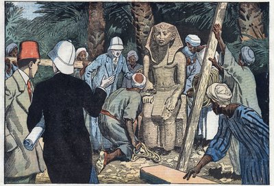 La misión arqueológica francesa descubre una estatua de Sesostris III adolescente que será llevada al Louvre. Medamud, antigua Tebas, Egipto. Ilustración de Damblans. En "Le Pèlerin" del 22 de noviembre de Eugene Damblans