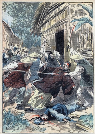 El sacerdote francés Berthollet (1865-1898), sacerdote de las Misiones Extranjeras, fue asesinado por guardias nacionales chinos cerca de la ciudad de Yun Ngan Cheou el 21 de abril de 1898. Ilustración de Damblans en "Le Pelerin" del 10 de julio de Eugene Damblans