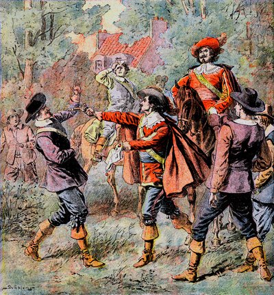 El mosquetero de Artagnan, escoltado por su amigo Porthos, amenaza a un oponente con su pistola - Ilustración de Damblans para la novela 