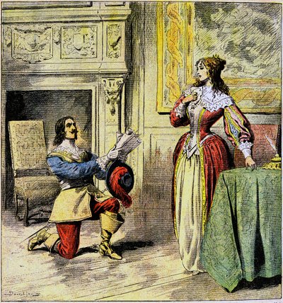 El mosquetero de Artagnan se arrodilla a los pies de la reina Ana de Austria para devolverle sus cartas - Ilustración de Damblans para la novela 