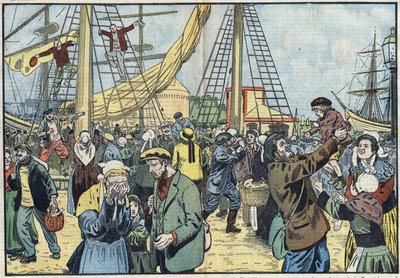 El regreso del bacalao a Saint-Malo: los Terres-Neuvas pescaban y se reunían con sus familias. Ilustración de Damblans. En "Le Pelerin" del 7 de octubre de Eugene Damblans