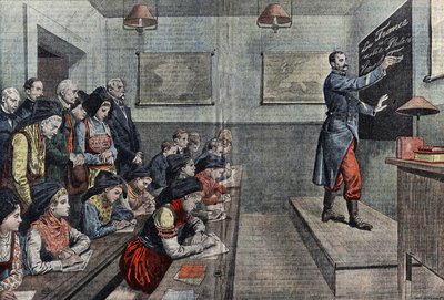 La primera clase en francés en Alsacia es reconquistada. Ilustración de Damblans. En "Le Pèlerin" de 1914. de Eugene Damblans