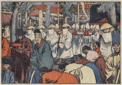 El funeral del ex Emperador de Corea, Príncipe Yi. Se puede ver el catafalco en la puerta del palacio en Seúl, mientras los Aigos o 