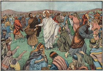 La multiplicación de los panes: en las orillas del lago Tiberíades, Jesucristo (Jesucristo) satisface a la población multiplicando cinco panes de cebada y dos peces. Ilustración de Damblans. En “Le Pèlerin” del 18 de marzo de Eugene Damblans