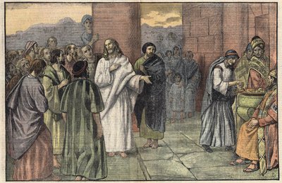 La ofrenda de la viuda. Evangelio según San Marcos, capítulo 12, v. 41-44. Ilustración de Damblans. En “Le Pelerin” del 28 de junio de Eugene Damblans