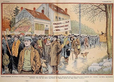 Mineros desempleados del norte de Francia y del Pas-de-Calais marchando hacia París, ilustración de "Le Pelerin". de Eugene Damblans