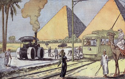 Vista de las pirámides de Giza en Egipto, ilustración de Eugene Damblans del periódico francés "Le Pelerin" del 1 de enero. de Eugene Damblans