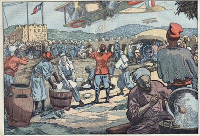 Guerra en Marruecos: aviones franceses suministran hielo a un bloque en asedio por disidentes marroquíes. Ilustración de Damblans. En "Le Pelerin" del 24 de mayo de Eugene Damblans