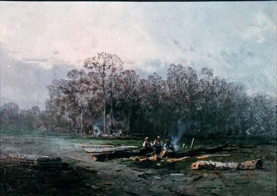 Paisaje brumoso con leñadores de Eugene Deshayes