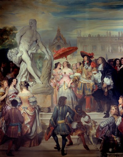 Pierre Puget (1620-1694) presenta su estatua Milón de Crotona a Luis XIV (1638-1715) en los jardines del castillo de Versalles. Pintura de Eugene Deveria (1808-1865) de Eugene Deveria