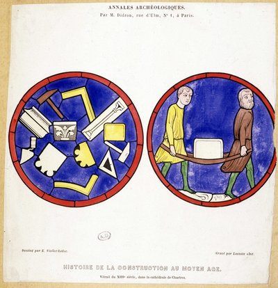 Historia de la construcción en la Edad Media: Facsímil de vitrales del siglo XIII, en la Catedral de Chartres - Dibujado por Eugene Viollet-le-Duc (Viollet le Duc) (1814-1879) y con varios símbolos masónicos de Eugene Emmanuel (after) Viollet le Duc