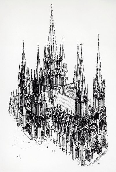 Vista isométrica de la catedral ideal, dibujo de Eugène Emmanuel Viollet-le-Duc del Diccionario de Arquitectura Francesa del siglo XI al XVI de Eugene Emmanuel Viollet le Duc