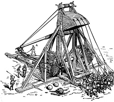 Reconstitución de una enorme catapulta (tipo trabuquete de contrapeso), llamada mangonneau de Eugene Emmanuel Viollet le Duc