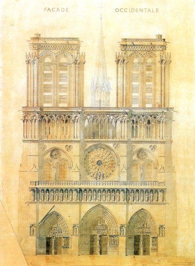 Proyecto de restauración de la fachada oeste de la catedral de Notre Dame en París con reconstrucción de la aguja en el cruce, 1843 de Eugene Emmanuel Viollet le Duc