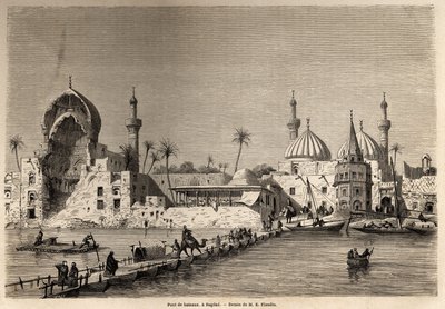 Un puente de barcos en Bagdad, dibujo de Eugene Flandin (1809-1876) para ilustrar su viaje a Mesopotamia en 1840-1842. Grabado en "Le tour du monde" 1861. Colección de Selva. de Eugene Flandin