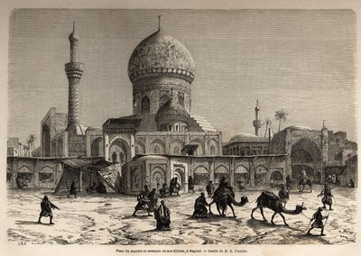 La Plaza Marche y la Mezquita Ahmet Khiaia en Bagdad, dibujo de Eugene Flandin (1809-1876), para ilustrar su viaje a Mesopotamia en 1840-1842. Grabado en “Le tour du monde” 1861. Colección de Selva. de Eugene Flandin