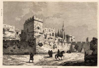 El palacio de los grandes maestros en Rodas, dibujo de Eugene Flandin, para ilustrar su viaje a la isla de Rodas en 1844. Grabado en "Le tour du monde", editado por Edouard Charton de Eugene Flandin