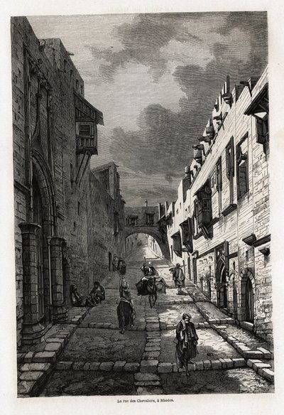 La rue des chevaliers, en Rodas, dibujo de Eugene Flandin, para ilustrar su viaje a la isla de Rodas en 1844. Grabado en “Le tour du monde”, editado por Edouard Charton de Eugene Flandin