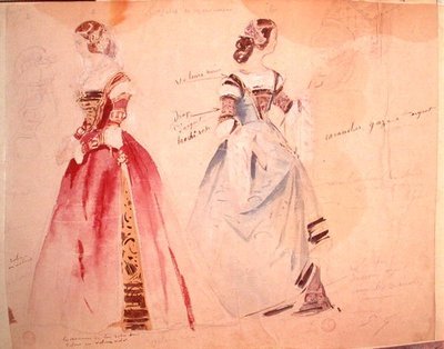 Dos diseños de vestuario femenino en la época de la creación de 