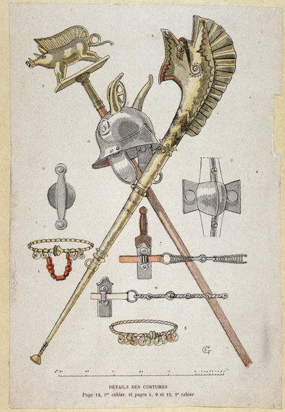 Accesorios del guerrero galo: estandarte decorando un saglier, el casco y el cuerno de guerra (carnyx) - en “Cuadernos de Enseñanza Ilustre, Trajes de Guerra de la Edad del Bronce y la Edad Gala”, ed. Grasset de Eugene Grasset