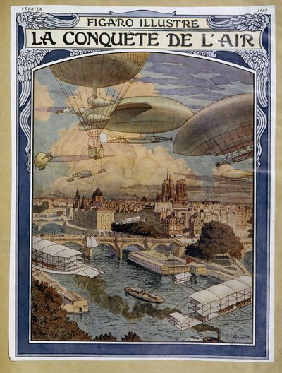 Conquista del aire: dirigible, globo y globo aerostático sobre París - portada en "Figaro Ilustrado" de febrero de 1909 de Eugene Grasset