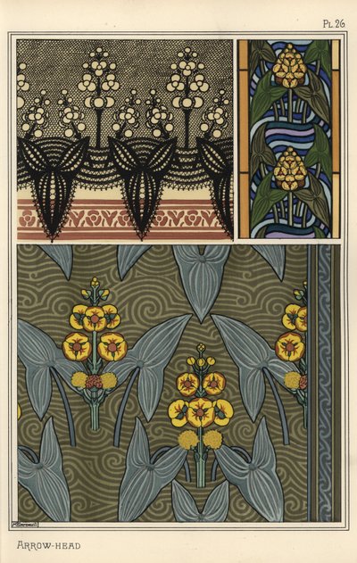 Sagittaria sagittifolia como motivo de diseño en bordado, vitrales y patrones de tela de Eugene Grasset