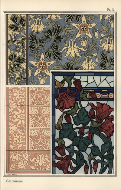 Aguileña, Aquilegia vulgaris, flor en patrones para papel tapiz, vidrieras y azulejos de Eugene Grasset