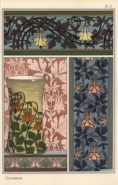 Flor de aguileña, Aquilegia vulgaris, en patrones para papel tapiz, tela y jarrón de Eugene Grasset