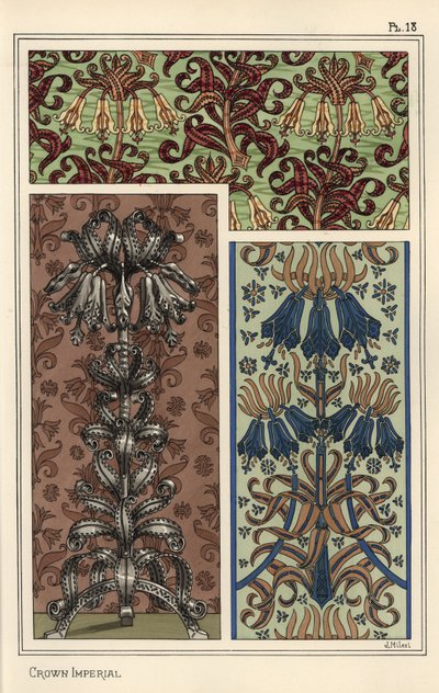 Flor imperial de la corona, Fritillaria imperialis, en patrones de papel tapiz y tela, y como diseño para un objeto de arte en acero de Eugene Grasset