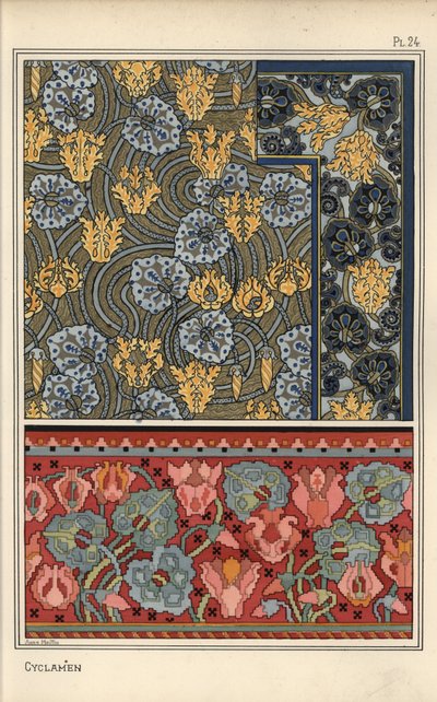 Cyclamen persicum como motivo en diseños para tapicería, tela y papel tapiz. Litografía de Anna Martin de Eugene Grasset