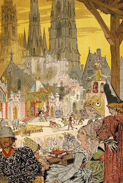 Representación de un misterio en el patio de la catedral, ilustración para Notre-Dame de París de Victor Hugo (1802-1885). de Eugene Grasset