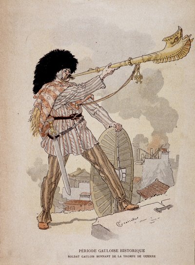 Soldado galo tocando el cuerno de guerra (carnyx) de Eugene Grasset