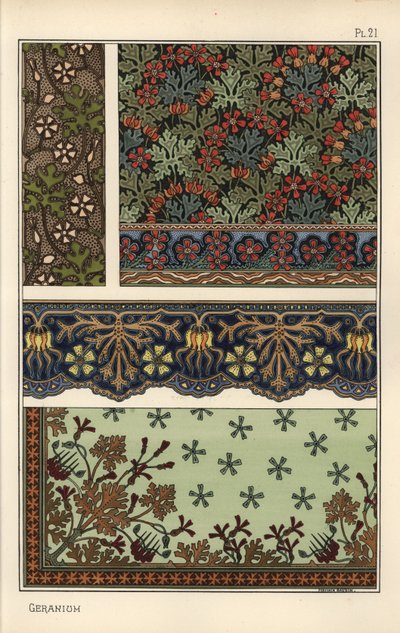 Motivo de geranio en patrones de papel tapiz, borde y tela de Eugene Grasset