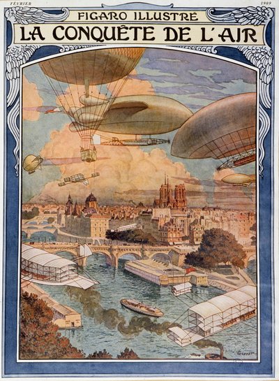La conquista del aire: dirigible, globo y globo sobre París, portada en “Figaro Illustre” de febrero de 1909 de Eugene Grasset
