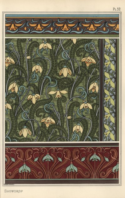 Campanilla de invierno, Galanthus nivalis, como motivo de diseño en papel tapiz, bordes y telas de Eugene Grasset