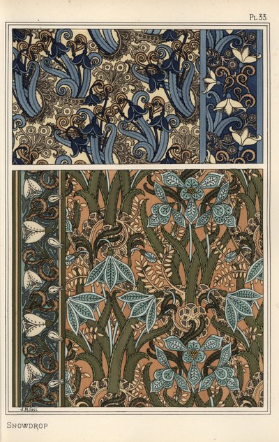 Campanilla de invierno, Galanthus nivalis, como motivo de diseño en papel tapiz, bordes y telas de Eugene Grasset