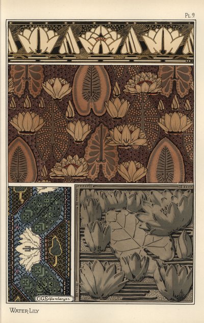 El nenúfar, Nelumbo lutea, en tela, tapiz de punto de cruz y patrones de molde en relieve. Litografía de C. G. Schlumberger de Eugene Grasset
