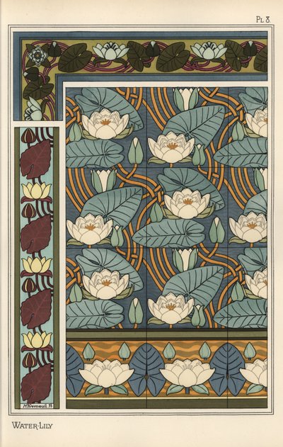 El nenúfar, Nelumbo lutea, en patrones de papel tapiz y azulejos de Eugene Grasset