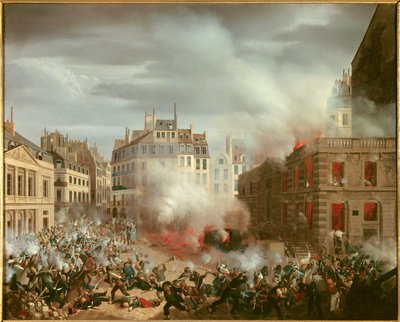 Revolución de 1848: "Incendio de la torre de agua de la plaza del palacio real el 24 de febrero de 1848". Pintura de Eugene Hagnauer de Eugene Hagnauer