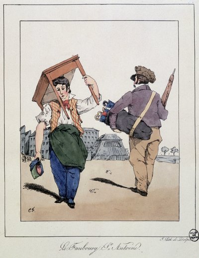El suburbio St Antoine: reparador de muebles y vendedor ambulante de paraguas - en “Recuerdos de un paseante” de Eugène Forest, ed. Delpech, París, c.1830 de Eugene Hippolyte Forest